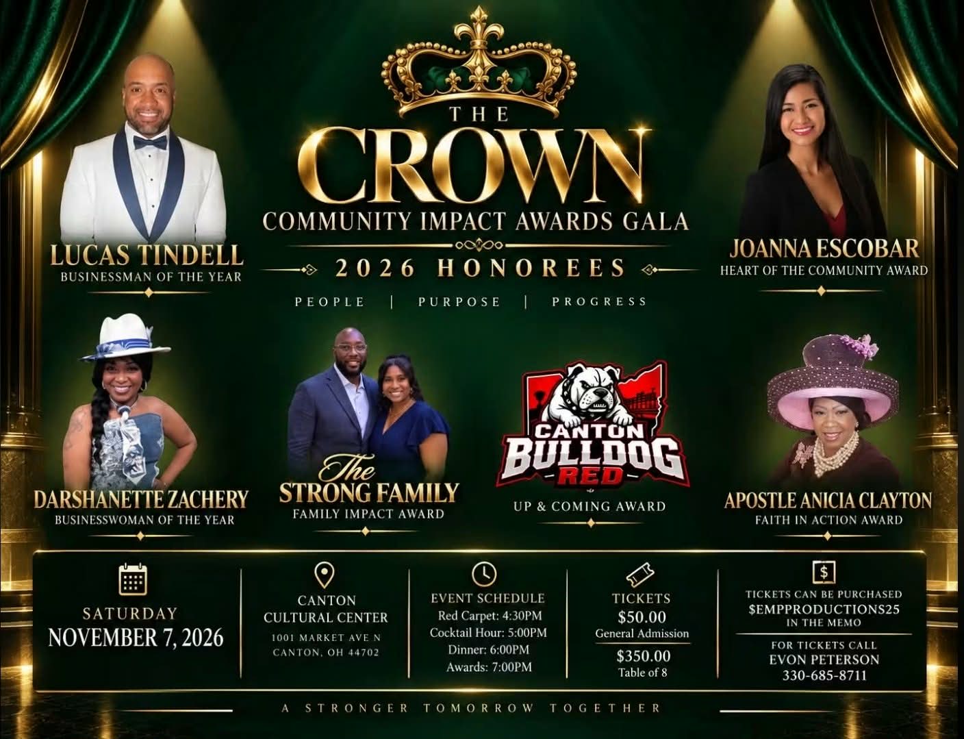 The Crown Community Impact Awards Gala 2026 Honorees: Lucas Tindell, Businessman of the Year; Joanna Escobar, Heart of the Community Award; Darshanette Zachery, Businesswoman of the Year; The Strong Family, Family Impact Award; Canton Bulldog Red, Up and Coming Award; Apostle Anicia Clayton, Faith in Action Award.